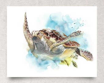Meeresschildkröte Original Aquarellmalerei – Küstendekor – 36 x 38 cm – Ohne Rahmen