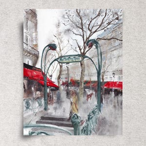 Paris Metro Cityscape Watercolor Painting: French Winter Scene, Romantic Wall Art (11x14&quot;)