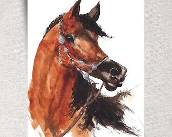 Arabian horse ORIGINAL watercolor painting, horse head portrait wall art, animal lover gift, earth tone decor, 11 x 14", unframed