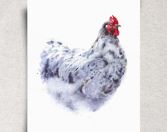 Gray Chicken Original Watercolor Painting – Splash Cochin Bantam Artwork – 11x14" – Unframed