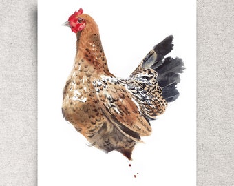 Chicken ORIGINAL watercolor painting, farm bird wall art, farmhouse kitchen décor, gift for farmer, Swedish flower hen 11x14", unframed
