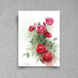 Red roses ORIGINAL watercolor painting, cottage garden flowers wall art, floral home decor, 9x12&quot;, unframed