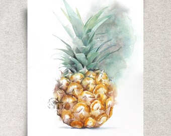 Pineapple Original Watercolor Painting - Tropical Fruit Kitchen Art - Summer Home Decor - 11x14"