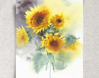 Sunflowers Original Watercolor Painting – Yellow Floral Artwork – Cottage Core Botanical Décor – 11x14" - Unframed