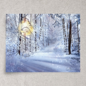 Aquarelle ORIGINALE de paysage d'hiver, art mural de forêt enneigée, oeuvre d'art d'arbres bleus, 14 x 11", sans cadre
