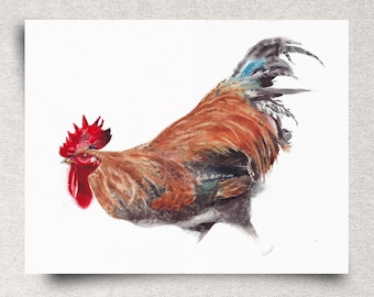 Rooster Watercolor Original Painting – Rustic Country Home Décor – Bold Farmhouse Art – 14x11"