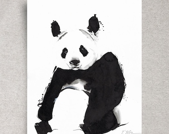 Panda bear ORIGINAL ink painting, funny animal art, minimalist room décor, black and white art, gift for dad, 11x14", unframed