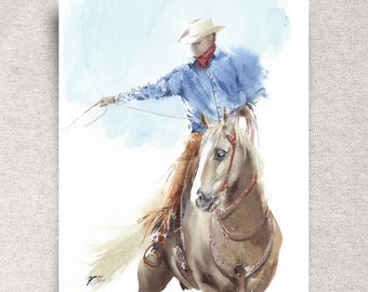 Cowboy Original Watercolor Painting - Southwestern Wall Art - 11x14" - Unframed