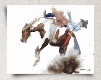 Cowboy ORIGINAL Watercolor Painting - Horse Rodeo Wall Art - Southwest Home Décor - 14x11" - Unframed