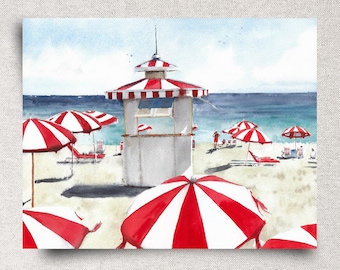 Red Umbrellas Original Watercolor Painting – Summer Beach Artwork – 14x11" – Unframed