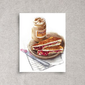 Peanut butter and jelly sandwich ORIGINAL watercolor painting,  kitchen wall art, still life home décor, food illustration, 9x12&quot;, unframed
