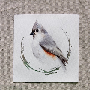 Tufted titmouse Original Watercolor Painting - Backyard Bird Wall Art - Hand Gilded Artwork - Nature Lover Gift - Cottagecore Decor - 6x6&quot;