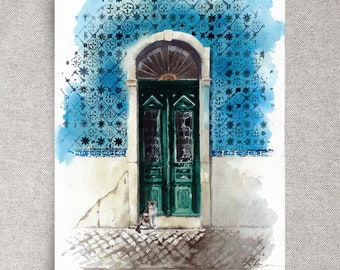 Old door ORIGINAL watercolor painting, Lisbon street wall art, Portuguese blue tile home décor, cat watercolor, 11x14",unframed