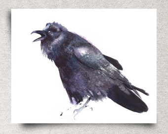 Raven ORIGINAL watercolor painting, black bird wall art, bird lover home décor, moody artwork,  14x11", unframed