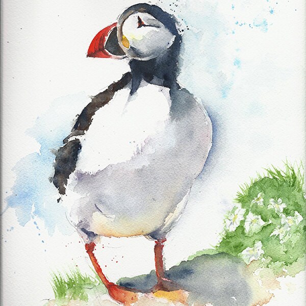 SALE 60% off Was 90.00 Original watercolor painting bird, puffin, 9x12 inches.
