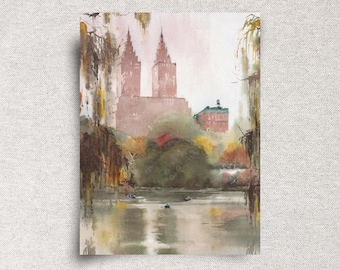 New York City Original Watercolor Painting - Central Park Pond Landscape Artwork - San-Remo Building - 9x12"