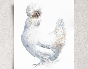 White Sultan Chicken Original Watercolor Painting – Exotic Hen Artwork – 11x14" – Unframed