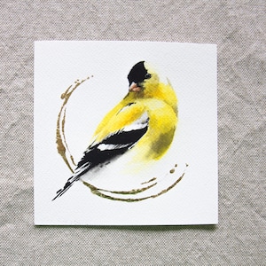 American Goldfinch Original Watercolor Painting - Yellow Bird Wall Art - Hand Gilded Artwork - Nature Lover Gift - Cottagecore Decor - 6x6&quot;