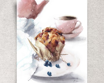 Blueberry muffin ORIGINAL watercolor painting, breakfast kitchen wall art, pink home décor, 11x14", unframed