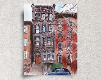 New York City ORIGINAL Watercolor Painting - Brooklyn Heights Street Artwork - NYC Cityscape - 9x12" - unframed