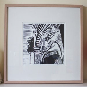 Linocut print of Luna Park in St Kilda, Melbourne.