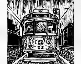 Linocut print of a Melbourne Tram.