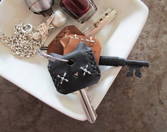 May include: A black leather key cover in the shape of a cat's face with white cross-stitch details. The key cover is attached to a key and a silver keychain with a charm. Other keys and accessories are in the background.