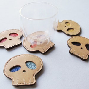 Hand-stitched Skull Leather Coasters Gift Set of 6 / Multicolor image 3