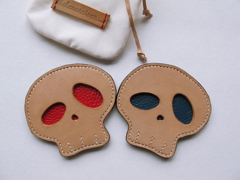 Hand-stitched Skull Leather Coasters Gift Set of 6 / Multicolor image 2