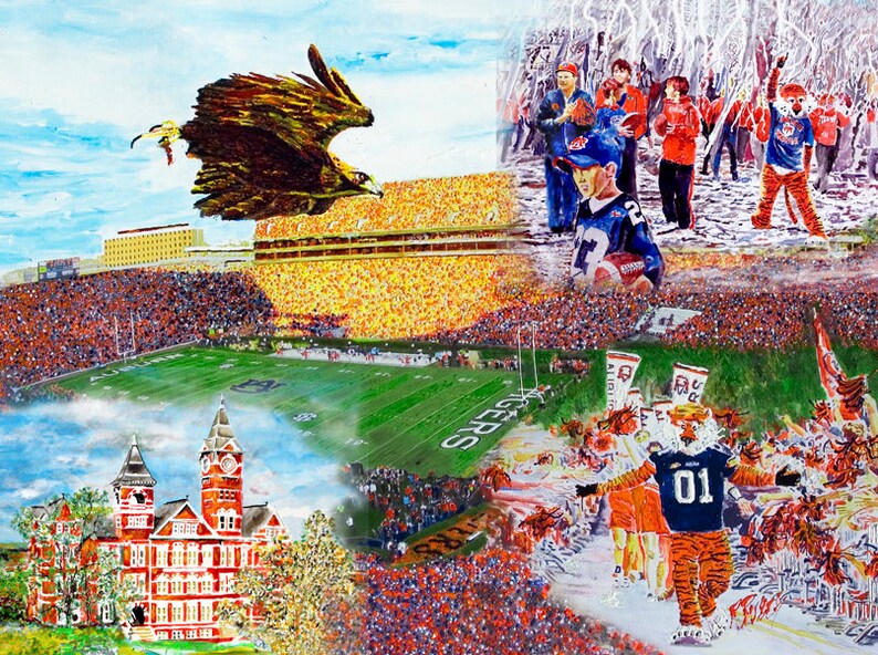 May include: A collage of images depicting a football game with a large crowd of people wearing orange and blue clothing. The image also includes a large eagle flying over a stadium, a building with a red brick facade, and a mascot wearing a blue and orange uniform.