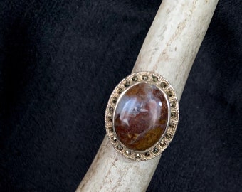 Chunky vintage Agate et Marcasite Sterling Silver Ring Taille 9