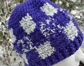 Crochet Teen/Adult Medium-Large Purple and Gray Buffalo Plaid Beanie Hat