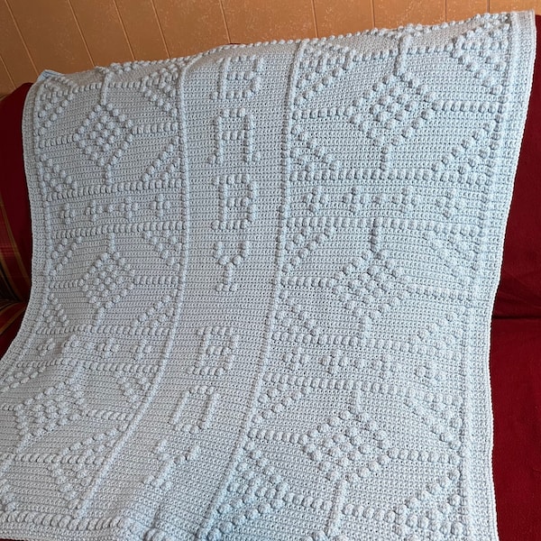 Handmade Crochet Baby Boy Popcorn Stitch Blue Blanket 44" X 46"
