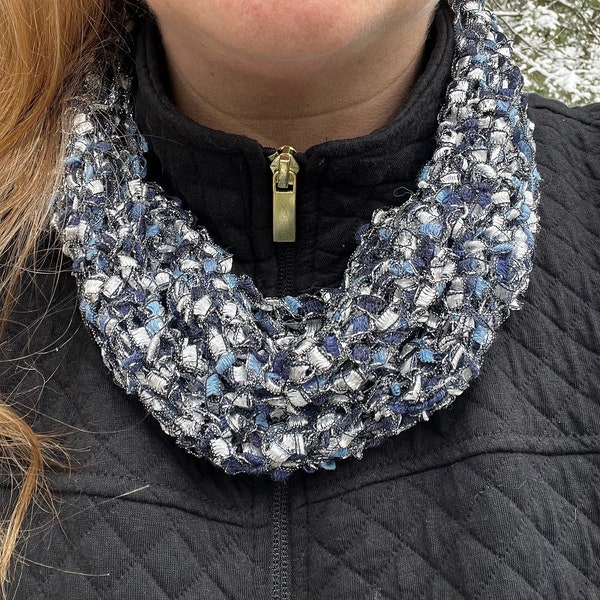 Crochet Metallic Blue Infinity Scarf with Unique Ribbon Yarn