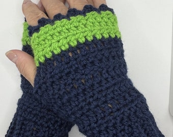 Crochet Fingerless Gloves - Navy and Neon Green - Women's Medium-Sized