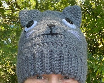 Crochet Teen/Adult Medium Grey Winter Cat Hat