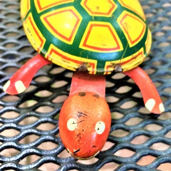 Little turtle Vintage mechanical  metal red and yellow toy Rare to find!