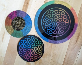 Flower of life  Crystal Grid.  Wood Grid. Hand Painted Crystal Grid. Chakra Crystal Grid. Wall Art. Energy Art. Place mat