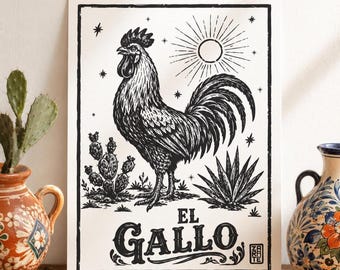 El Gallo Rooster Print, Black White Mexican Folk Art, Linocut Style Wall Art