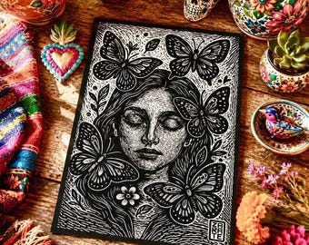 Schmetterling Geist Linoldruck - Schwarz-Weiße Gothic Folk Art Wand-Dekor