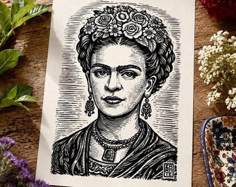 Frida Kahlo Linocut Inspired Print | Mexican Folk Art Wall Decor | Colorful Floral Portrait | Boho Woodcut Style Artwork