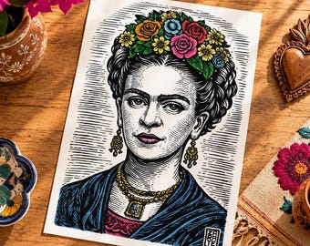 Frida Kahlo Linocut Inspired Print | Mexican Folk Art Wall Decor | Colorful Floral Portrait | Boho Woodcut Style Artwork