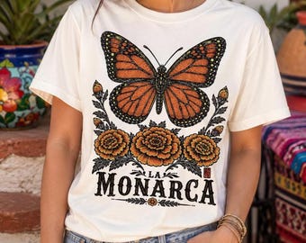 La Monarca Monarch Butterfly Shirt, Mexican Folk Art Floral Marigold Tee