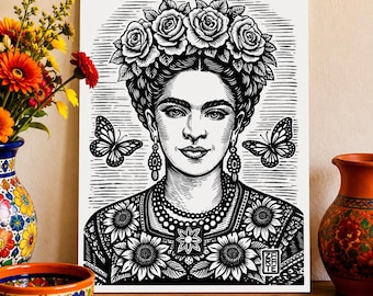 Frida Portrait Print, Mexican Inspired Black White Art, Linocut Style Butterflies, Roses, Sunflowers