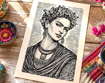 Frida Kahlo Linolschnitt inspirierter Druck | Mexikanische Volkskunst.