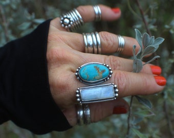Moonstone Ring with Turquoise, Split Style Ring with Rectangular Shaped White Moonstone, Adjustable, Open Shank Ring, Festival Style Jewelry