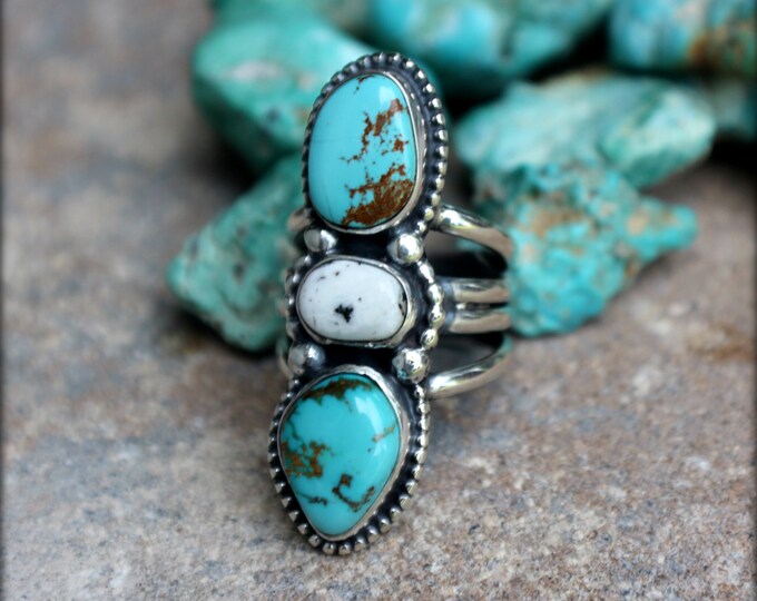 Turquoise Statement Ring Blue Turquoise Ring Three Stone Etsy