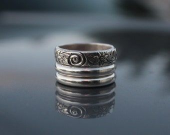 Sterling Silver Stacking Ring Set, Stackable Ring Set, Everyday Rings, Ring with Floral Pattern, Stacking Set of Silver Rings, CUSTOM ORDERS