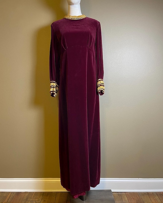 Vintage 60s Purple Velvet Long Sleeve Empire Waist Maxi Dress M