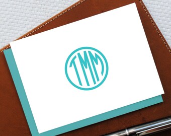 Circle Three Letter Monogram Note Cards, Personalized Stationery Set of 10 Monogram Folded Notecards, Custom Thank You Notes,Teachers Gift